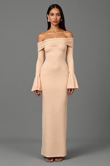 Apricot Ruffled Off the Shoulder Ruched Long Formal Dress